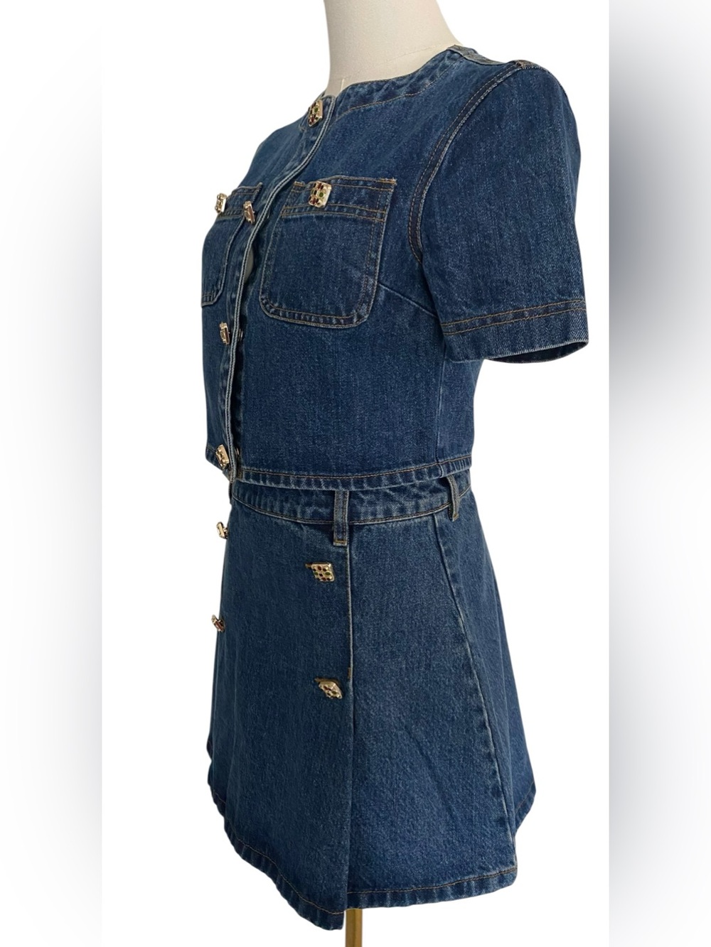 Self-Portrait Dark Blue Denim Short Sleeve Two-Piece Dress Set - Picture 4 of 13